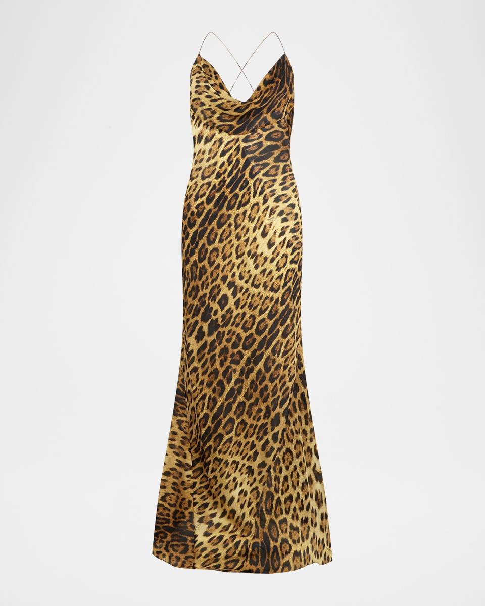 Jaguar-Print Silk Draped Backless Gown